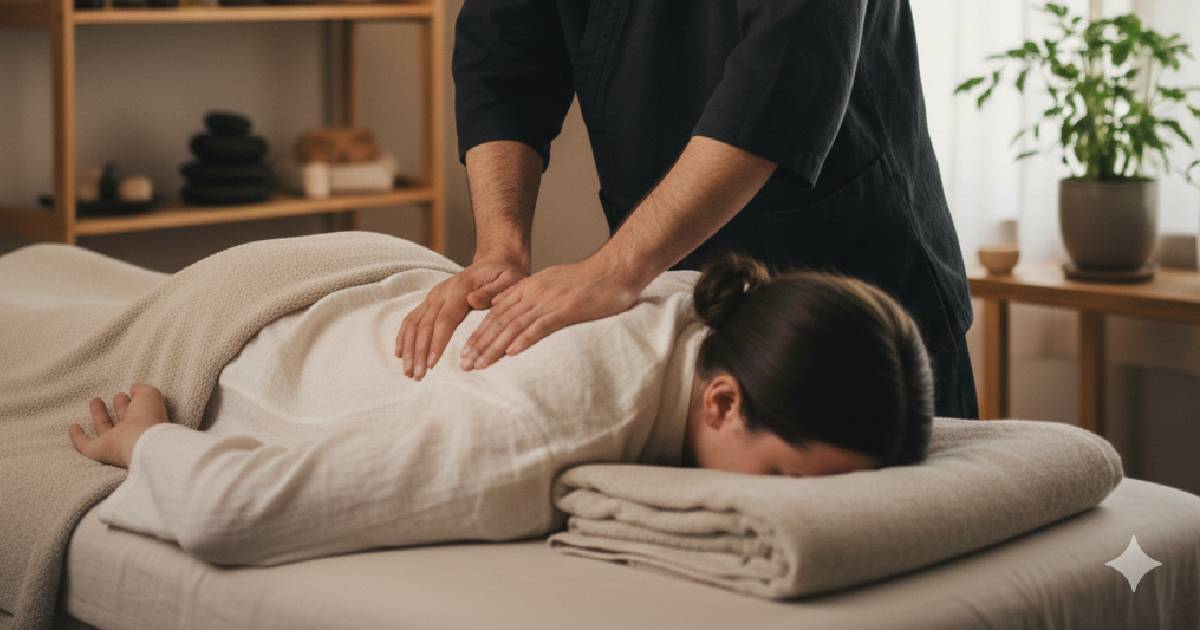 Praticien effectuant une pression Shiatsu sur le dos pour soulager les tensions à Garat, près d'Angoulême