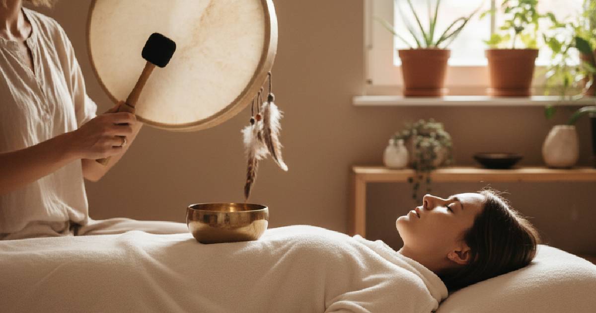 la vibration sonore d'un tambour accompagné des bol tibétains pour une harmonie tout en douceur